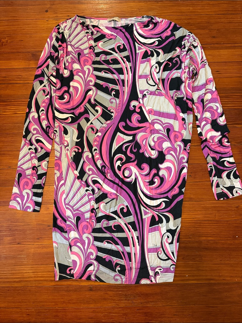 Authentic Emilio Pucci Pink, Black & Gray Swirl-Print Long Sleeve Dress Size 42